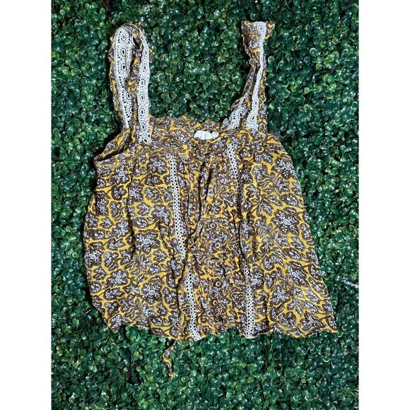 Anthropologie Bohemian Boho Yellow Brown White Floral Tank Top Size 4 - Picture 2 of 5